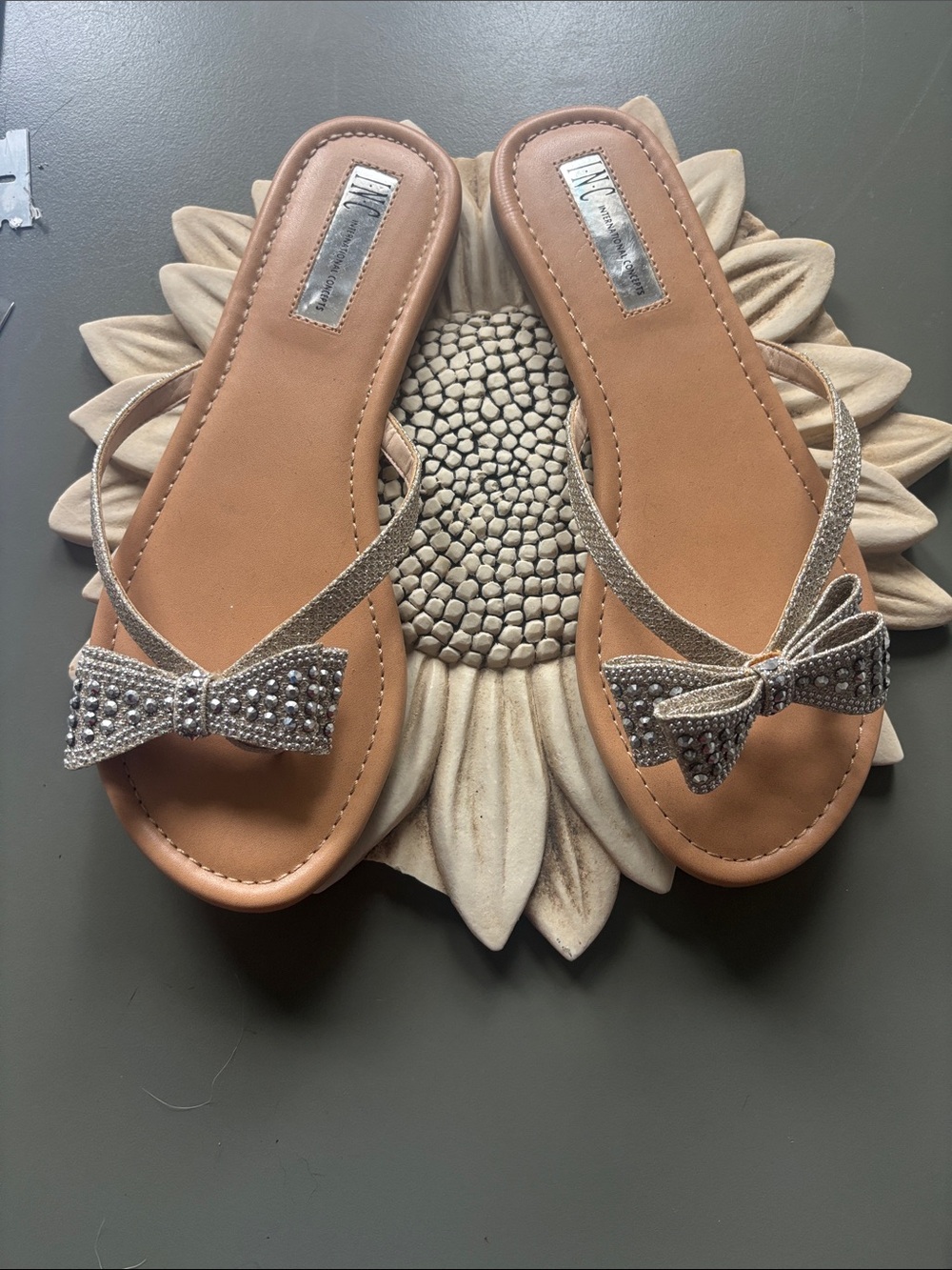 INC International Concepts Tan Slide Sandals with Silver Bow Detail